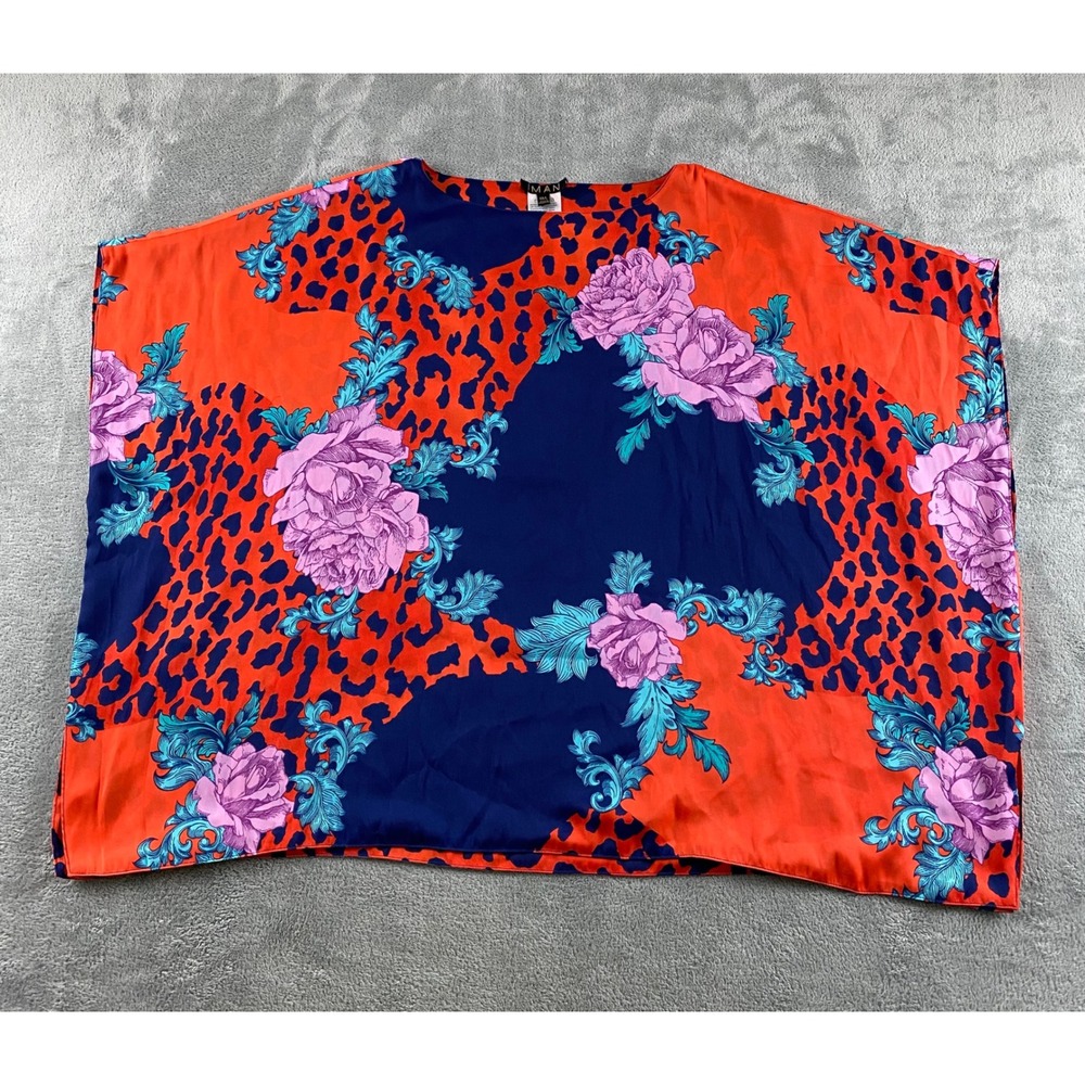 Iman Global Chic Womens ML Orange Navy Animal Floral Kaftan Blouse Top Oversized